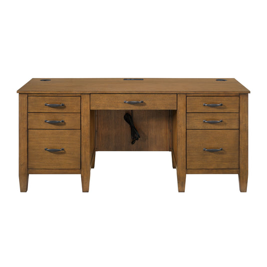 Portico - Double Pedestal Desk With Power / USB - Brown Oak