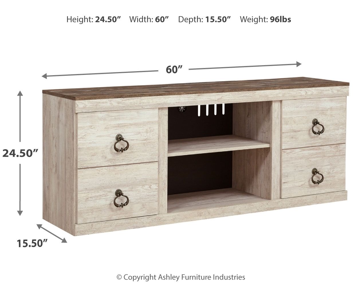 Willowton - 2 Pc. - TV Stand with Faux Firebrick Fireplace Insert - Whitewash