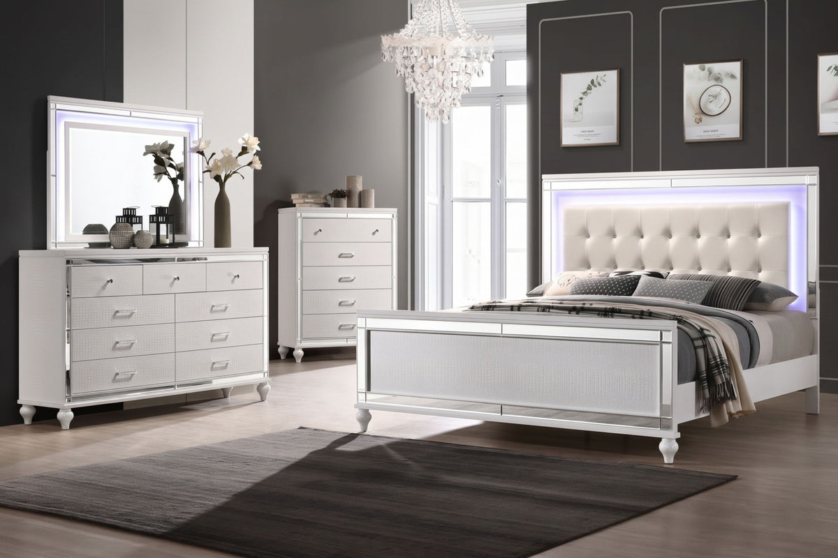 Valentino - Queen 4 Piece Bedroom Set (Bed, Dresser, Mirror, Chest) - White