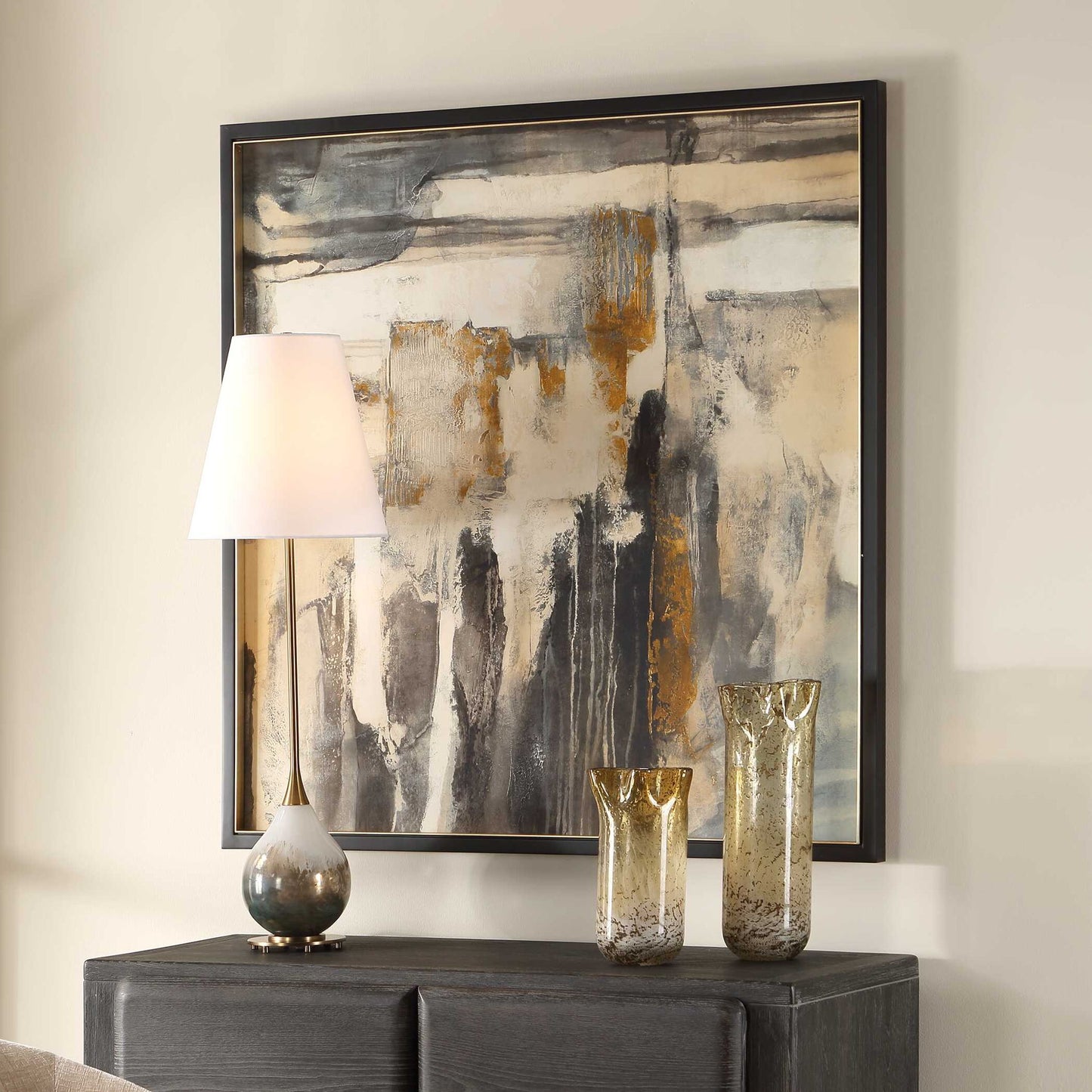 Landslide - Framed Abstract Print - Black / Brass / Gold / Gray / Orange / White / Yellow
