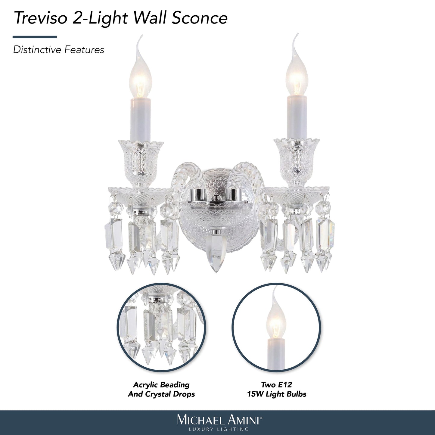 Michael Amini Lighting - Treviso 2-Light Traditional Crystal Wall Sconce - Clear