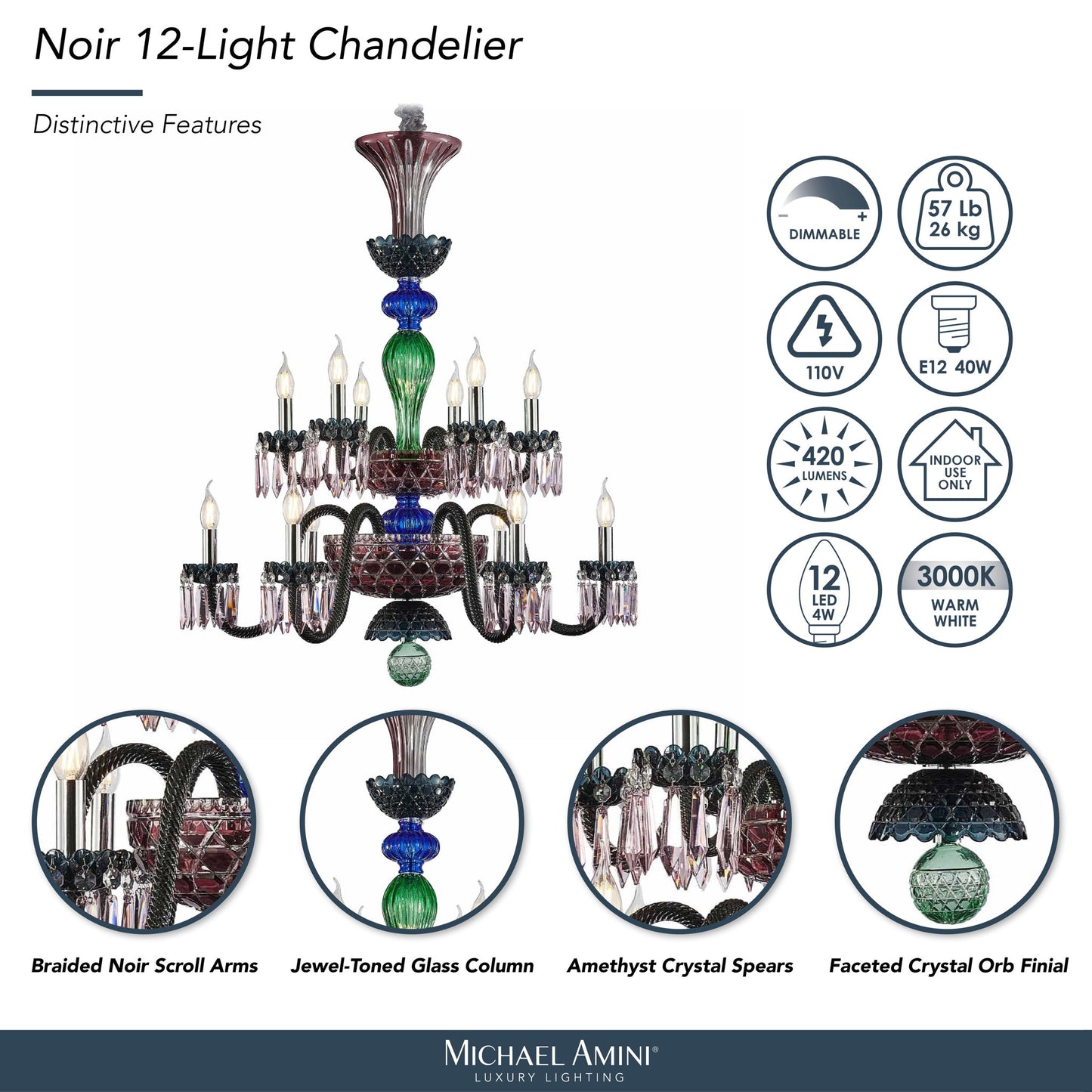 Michael Amini Lighting - Noir 12-Light Traditional Crystal Chandelier - Black