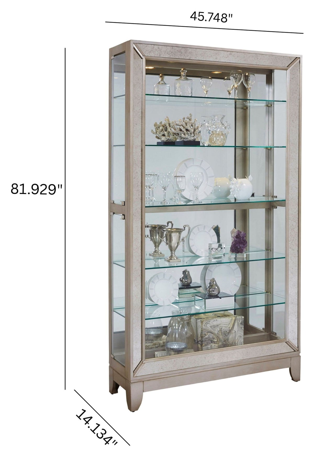 PFC Curios - Antique Style 5 Shelf Mirrored Curio Cabinet - Aged Silver