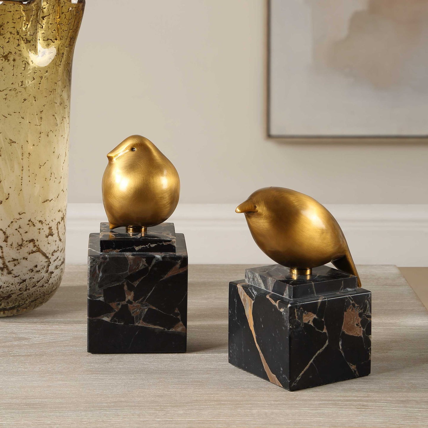 Golden Finch - Bird Figurines (Set of 2) - Black / Brass
