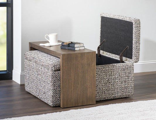 Solana - Square Storage Ottoman With Wood Top Overlay - Gray