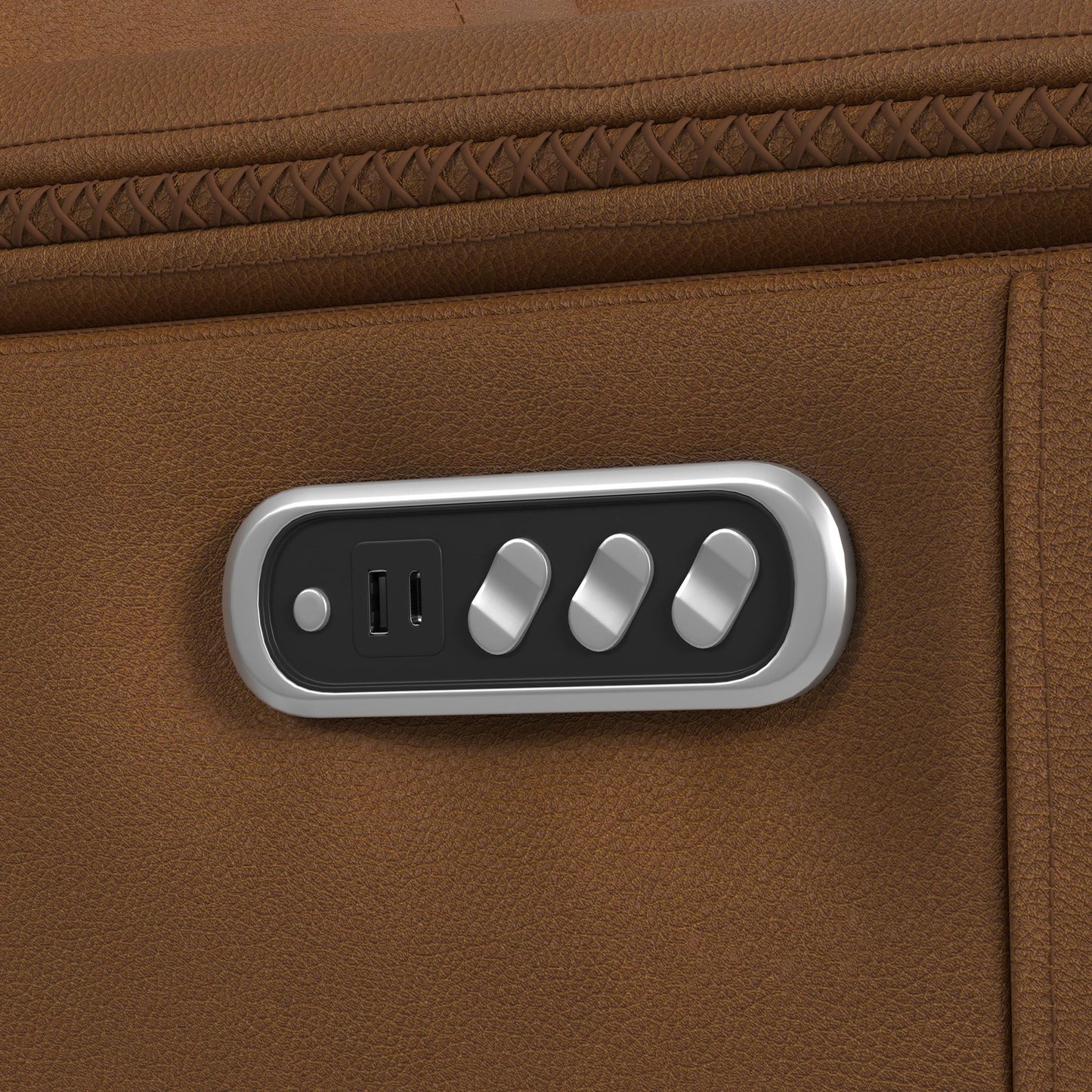 Mustang - Power Motion Sofa With Drop-Down Table, Wireless Charger, Power Headrest And Lumbar - Butternut