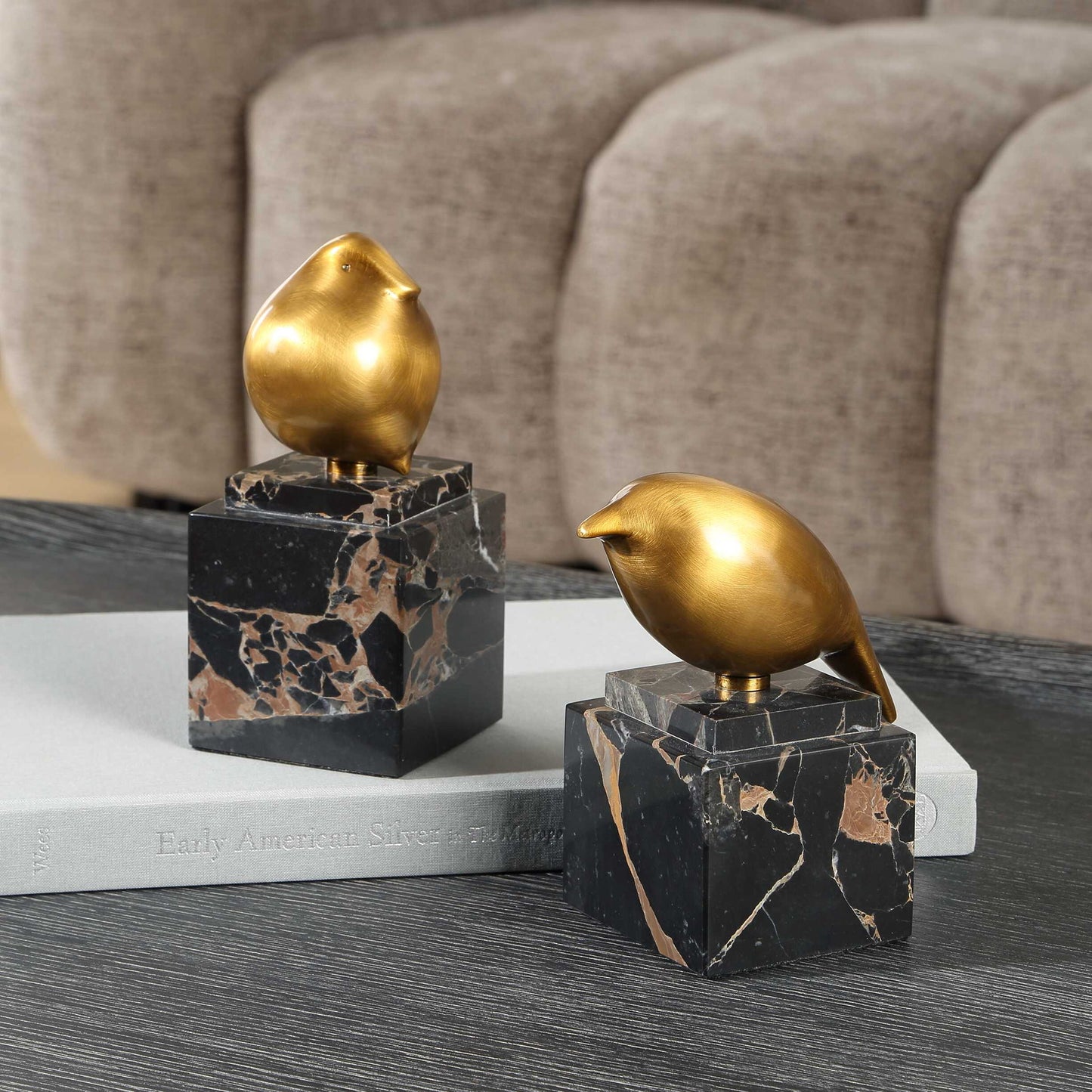 Golden Finch - Bird Figurines (Set of 2) - Black / Brass