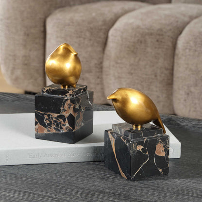 Golden Finch - Bird Figurines (Set of 2) - Black / Brass
