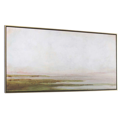 Hazy Lake - Framed Landscape Art - Gold / Gray / Green / Light Blue