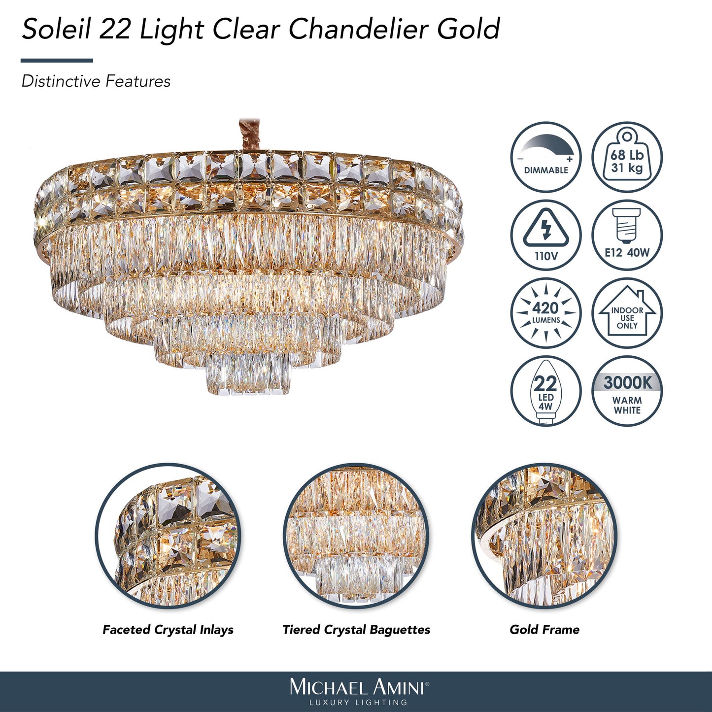 Michael Amini Lighting - Soleil 22-Light Crystal Chandelier - Gold