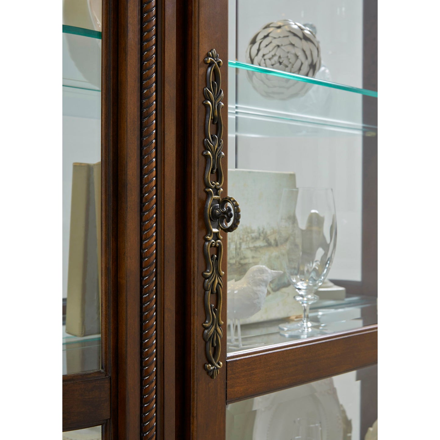 PFC Curios - Lighted Curved Front 4 Shelf Curio Cabinet - Maple Brown