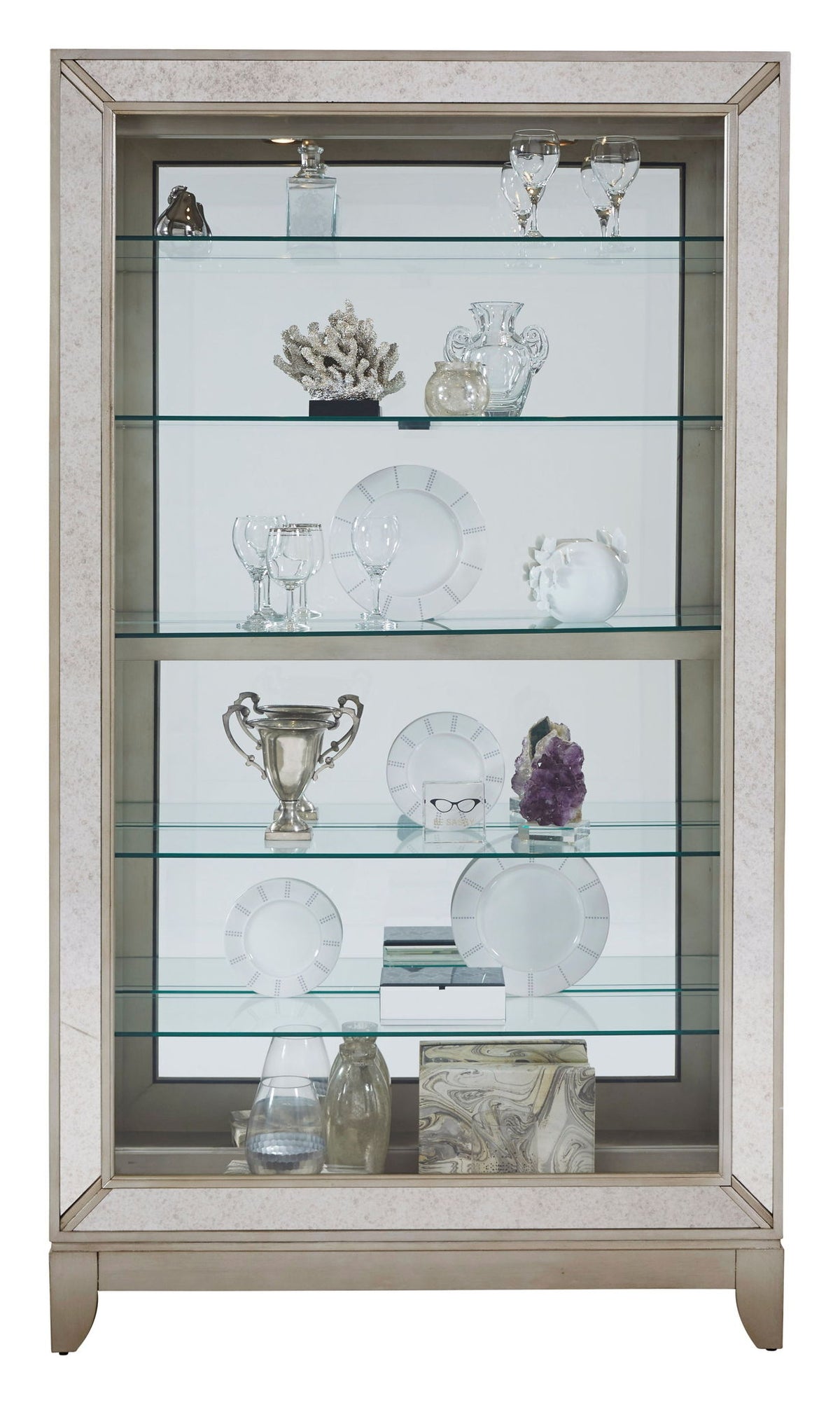 PFC Curios - Antique Style 5 Shelf Mirrored Curio Cabinet - Aged Silver