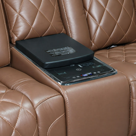 Dorian - Reclining Leather Loveseat With Power Headrest, Footrest And Cooler - Brown