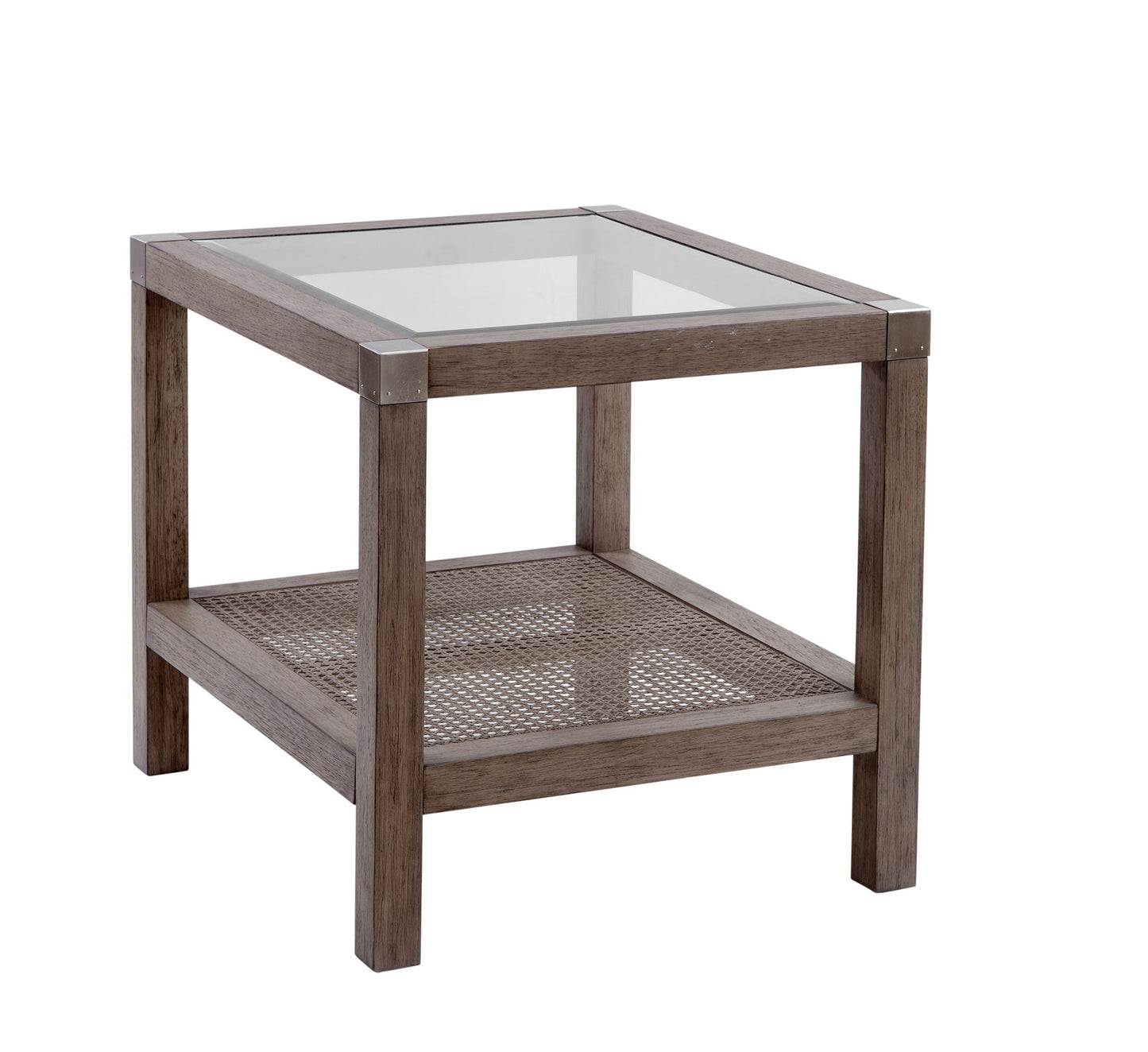 Calum - End Table - Driftwood Gray / Cane / Brushed Nickel