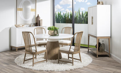 Melrose - Complete Round Dining Table - Cloud White And Desert Oak
