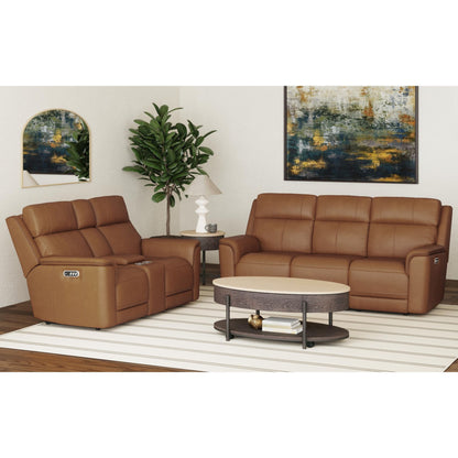 Mustang - Power Motion Sofa With Drop-Down Table, Wireless Charger, Power Headrest And Lumbar - Butternut