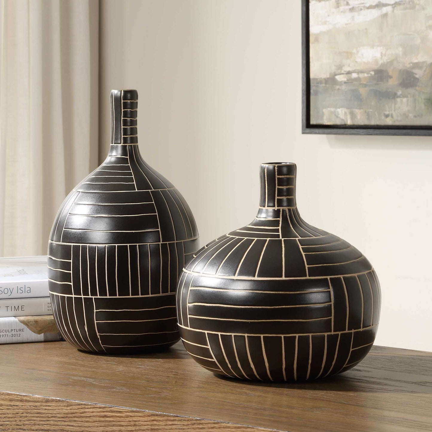 Graphite - Stride Geometric Vases (Set of 2) - Black