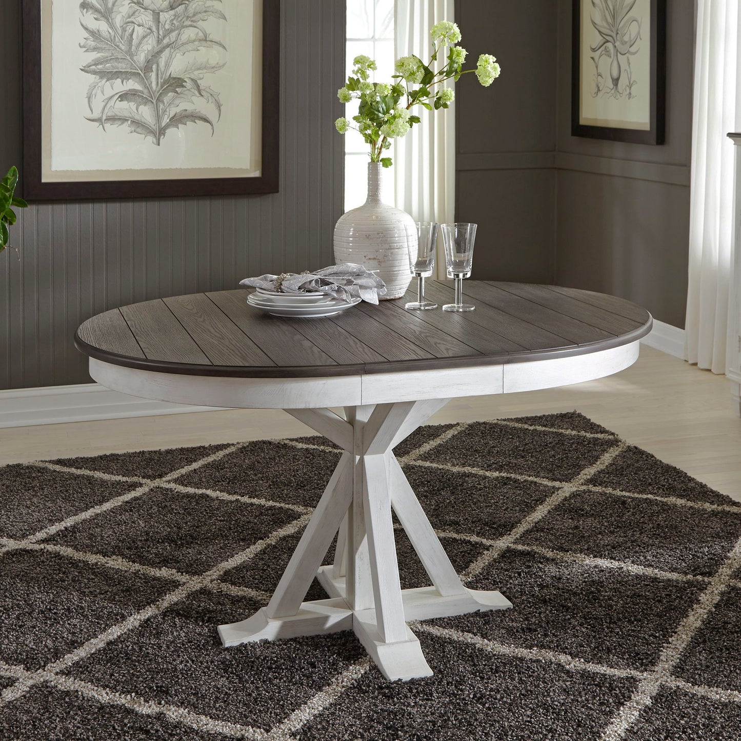 Allyson Park - Single Pedestal Table Base - Wirebrushed White / Charcoal