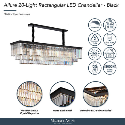 Michael Amini Lighting - Allure 20-Light Rectangular Crystal Chandelier - Matte Black / Pearl Silver