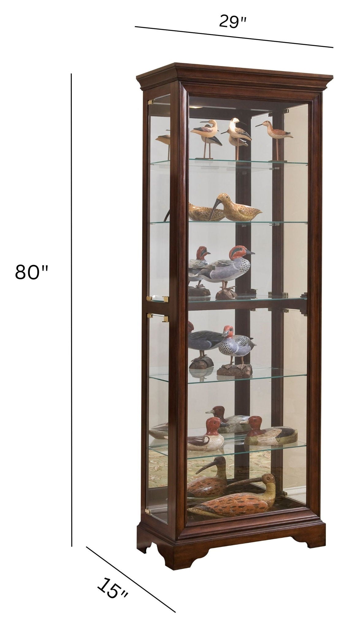PFC Curios - Mirrored 5 Shelf Gallery Curio Cabinet - Oak Brown