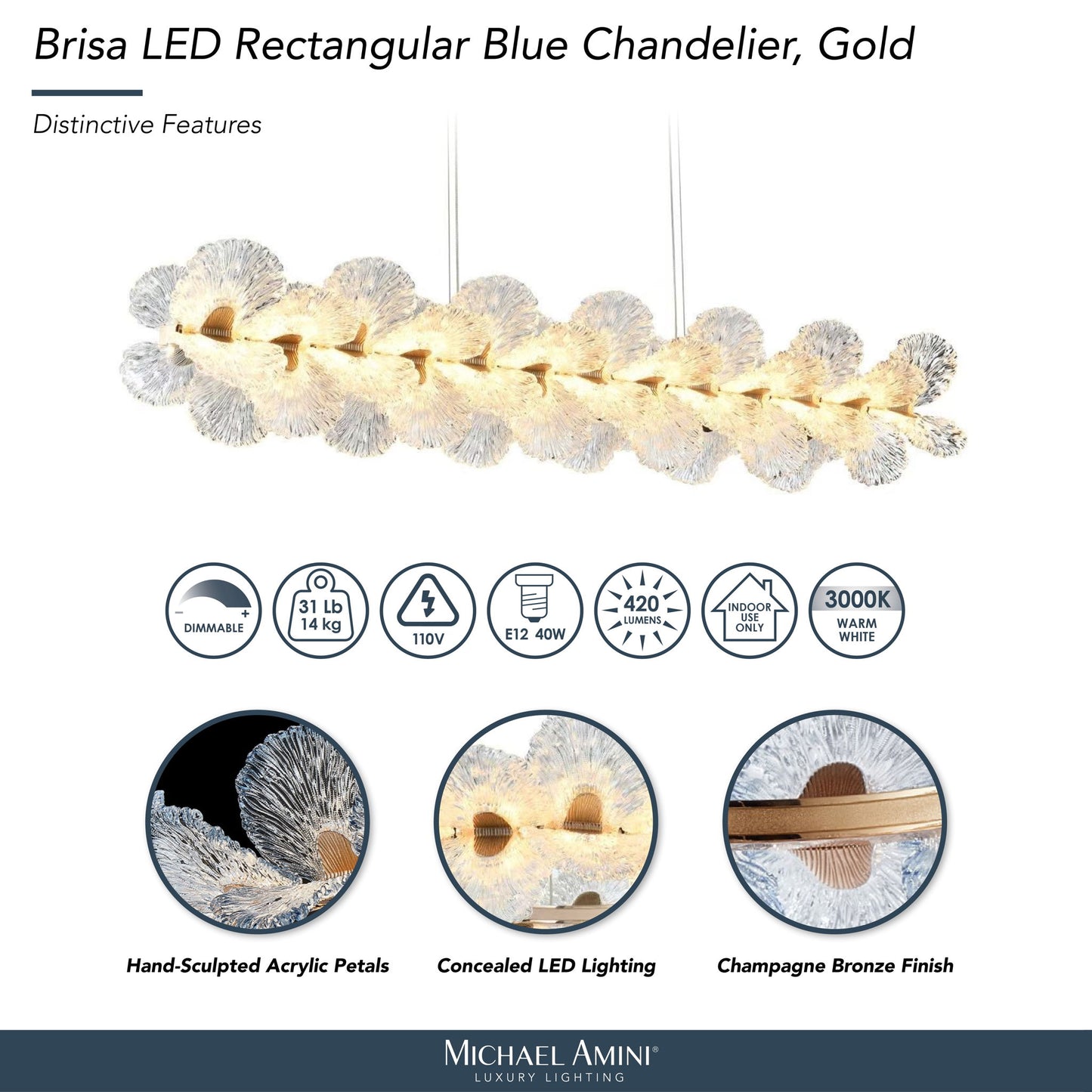 Michael Amini Lighting - Brisa 50" Rectangular LED Chandelier - Ocean Blue / Bronze