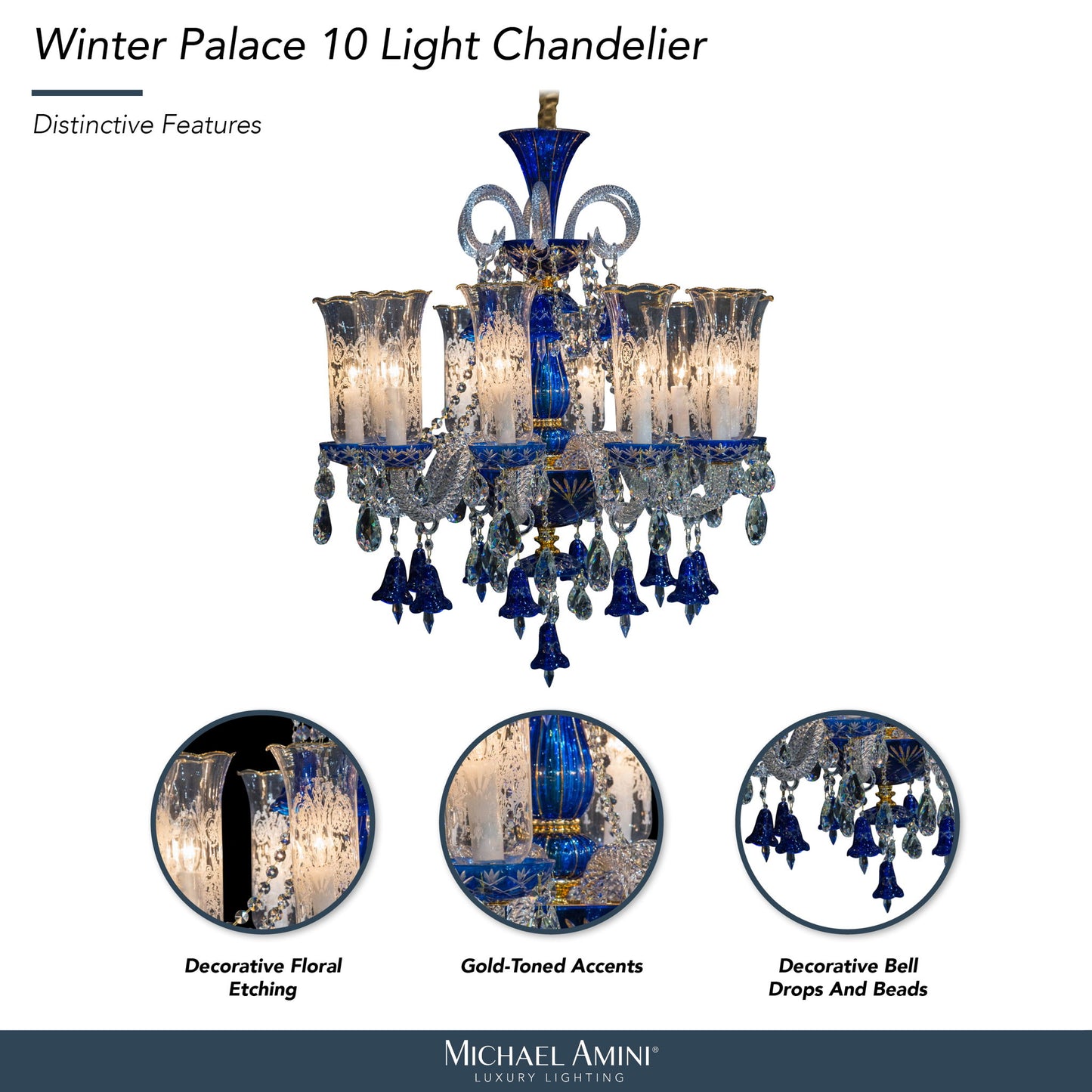 Michael Amini Lighting - Winter Palace 10-Light Traditional Crystal Chandelier - Royal Blue / Pearl Silver
