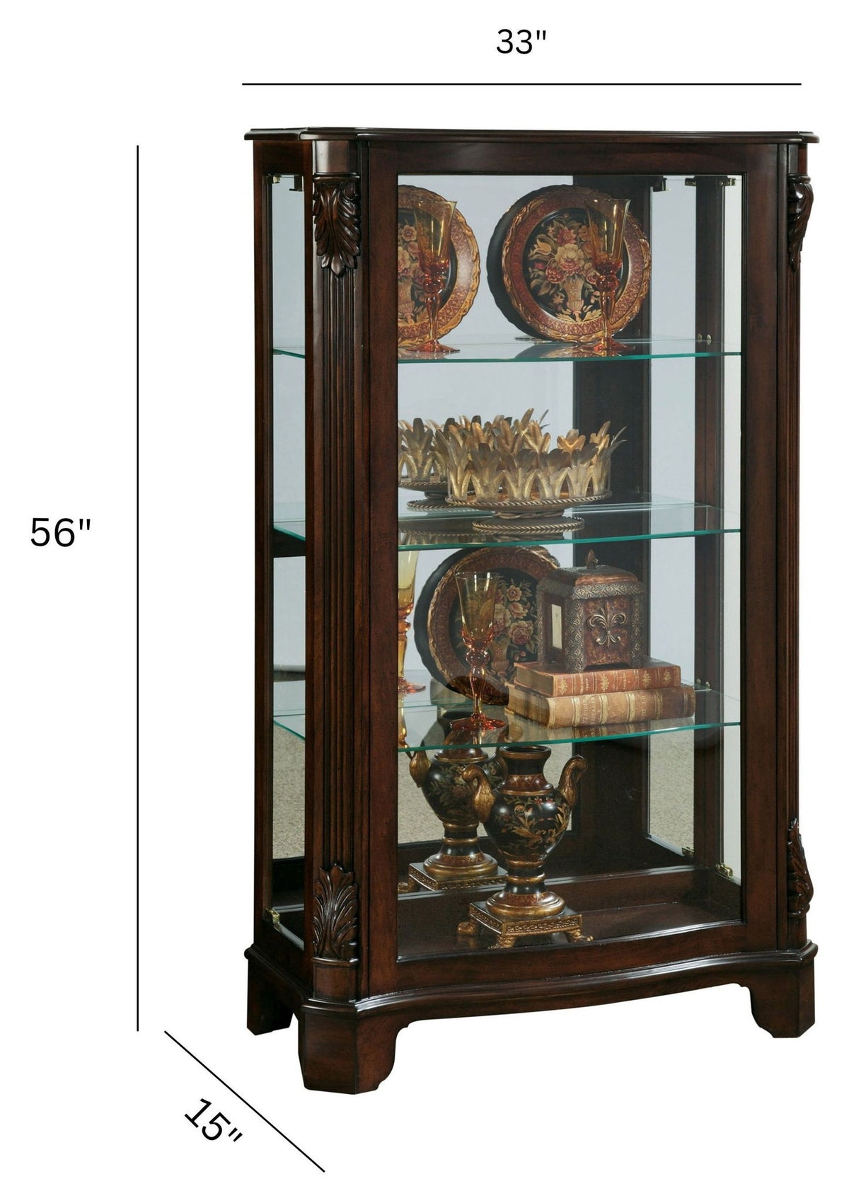 PFC Curios - Distinguished Carved 3 Shelf Curio Cabinet - Cherry Brown