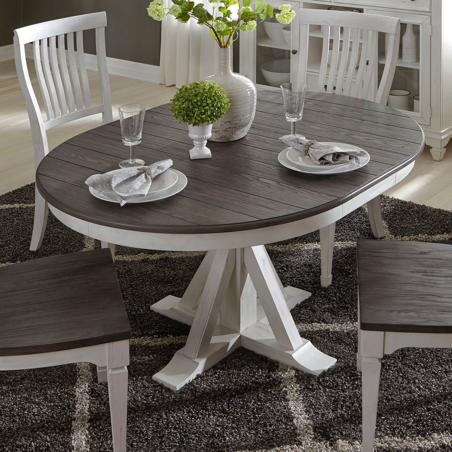 Allyson Park - Single Pedestal Table Top - Wirebrushed White / Charcoal