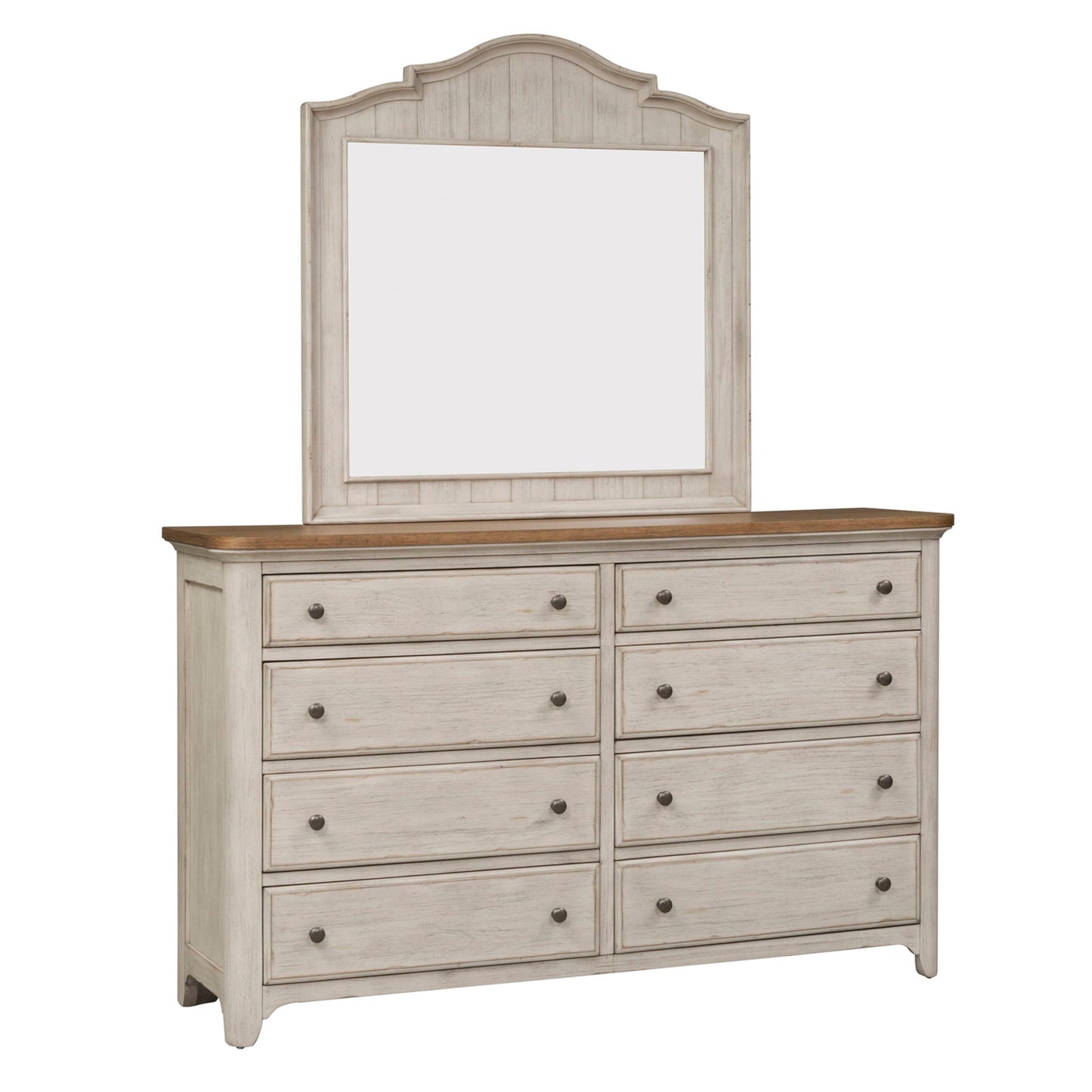 Farmhouse Reimagined - Dresser & Mirror - Antique White / Chestnut Tops