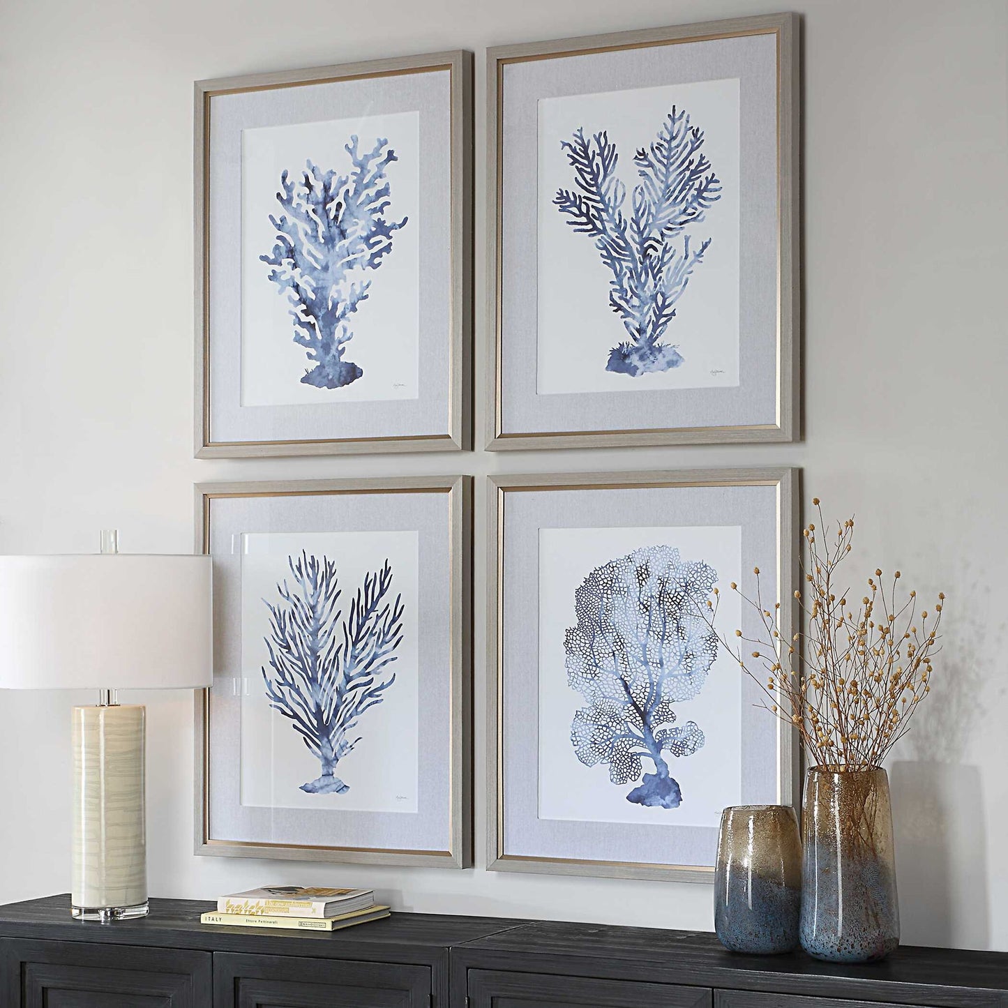 Shibori Coral - Framed Prints (Set of 4) - Light Gray