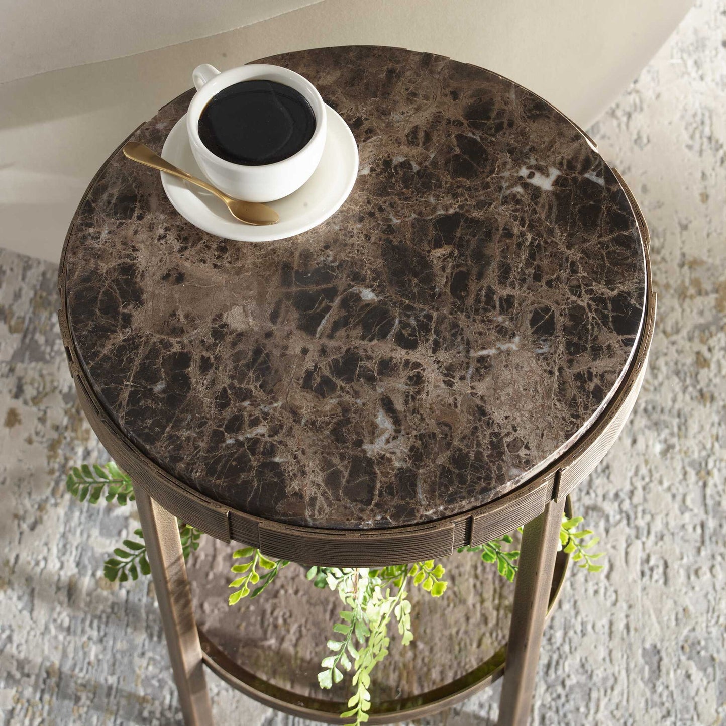Cusano - Round Dark Marble Accent Table - Brass / Brown