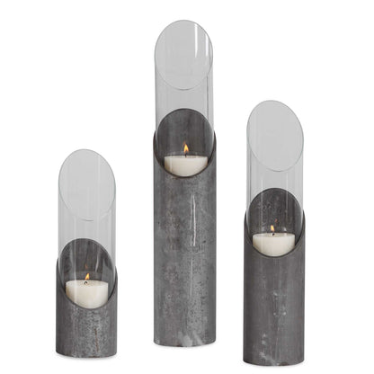 Karter - Iron & Glass Candleholders (Set of 3) - Pearl Silver & Dark Gray