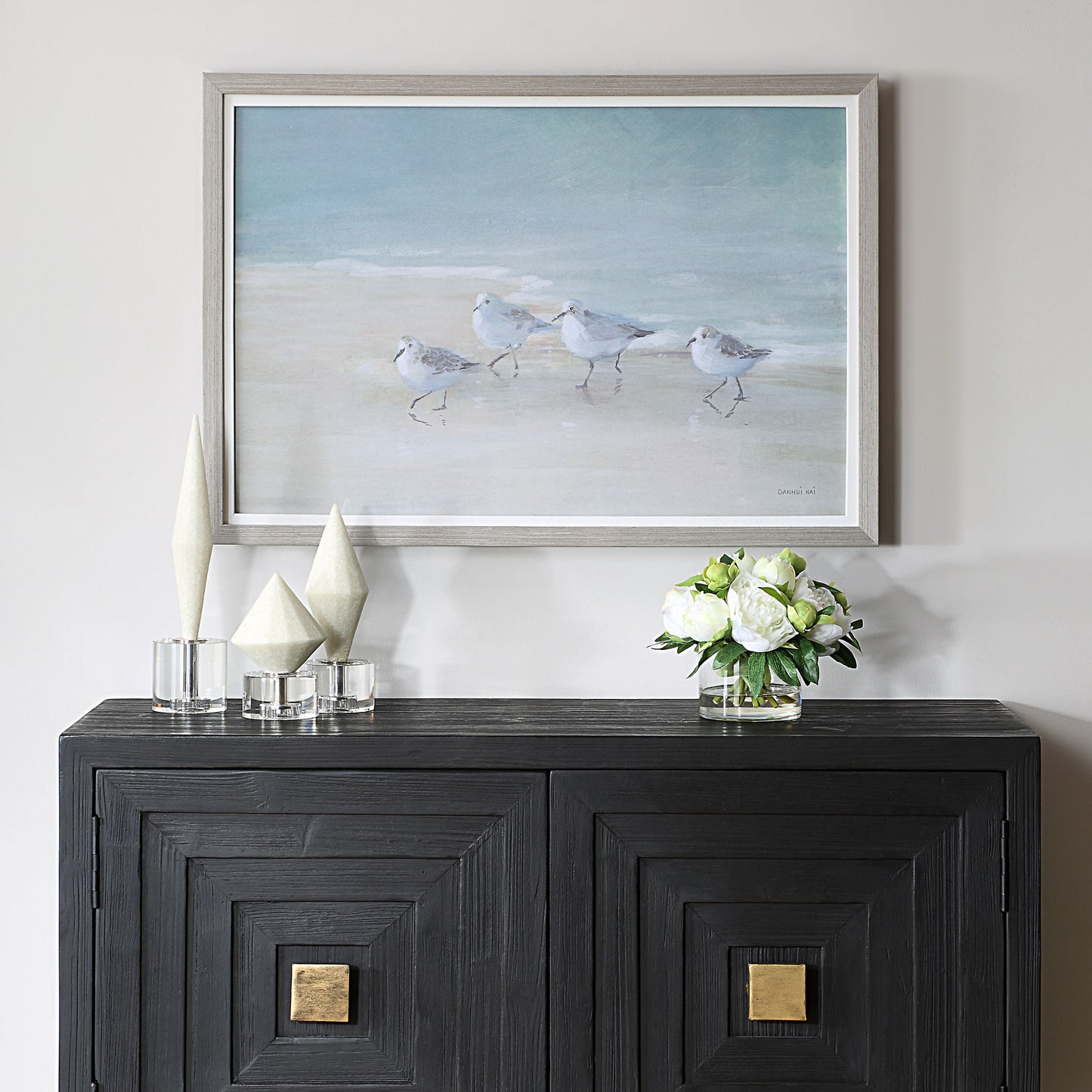 Tranquil Shorebirds On The Sand - Framed Print - Light Gray