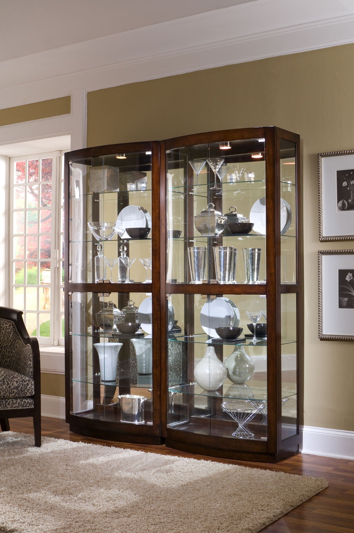 PFC Curios - Curved Front 5 Shelf Curio Cabinet - Mahogany Brown