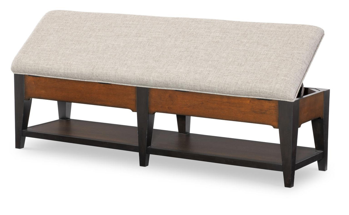 Fenmore - Upholstered Storage Bench (Lift Top, 1 Open Shelf) - Mocha and Distressed Cherry