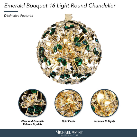 Michael Amini Lighting - Emerald Bouquet 16-Light Round Crystal Chandelier - Gold