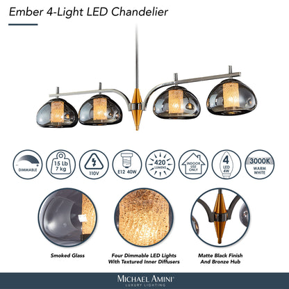 Michael Amini Lighting - Ember 4-Light LED Chandelier - Smoke / Black Pearl