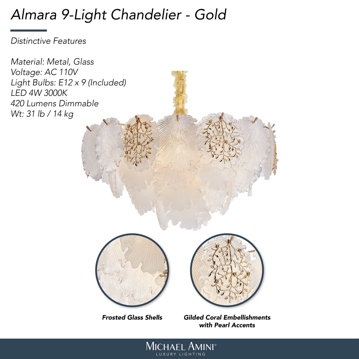 Michael Amini Lighting - Almara 9-Light Frosted Glass Chandelier - Frost / Gold