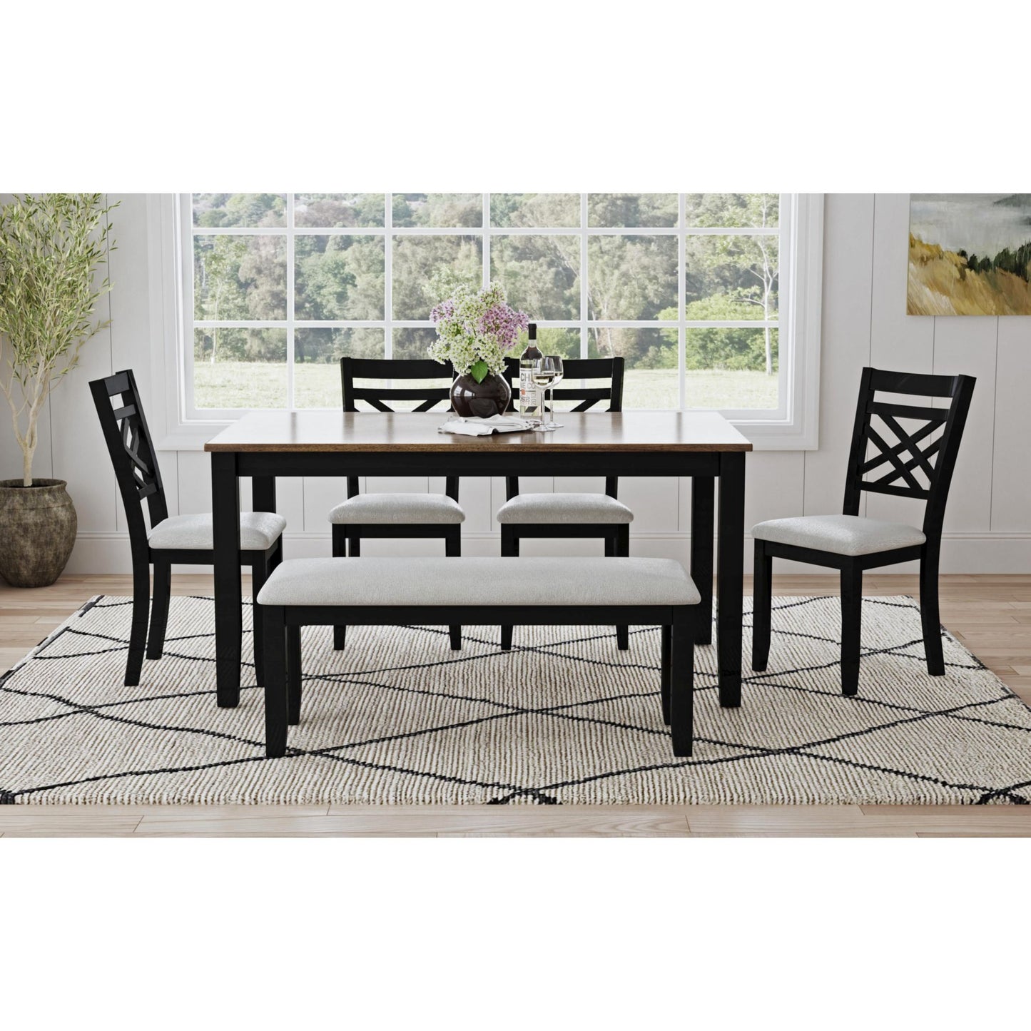 Brooks - 6 Piece Dining Set With Table, 4 Wood Back And Upholstered Seat Chairs, And Bench