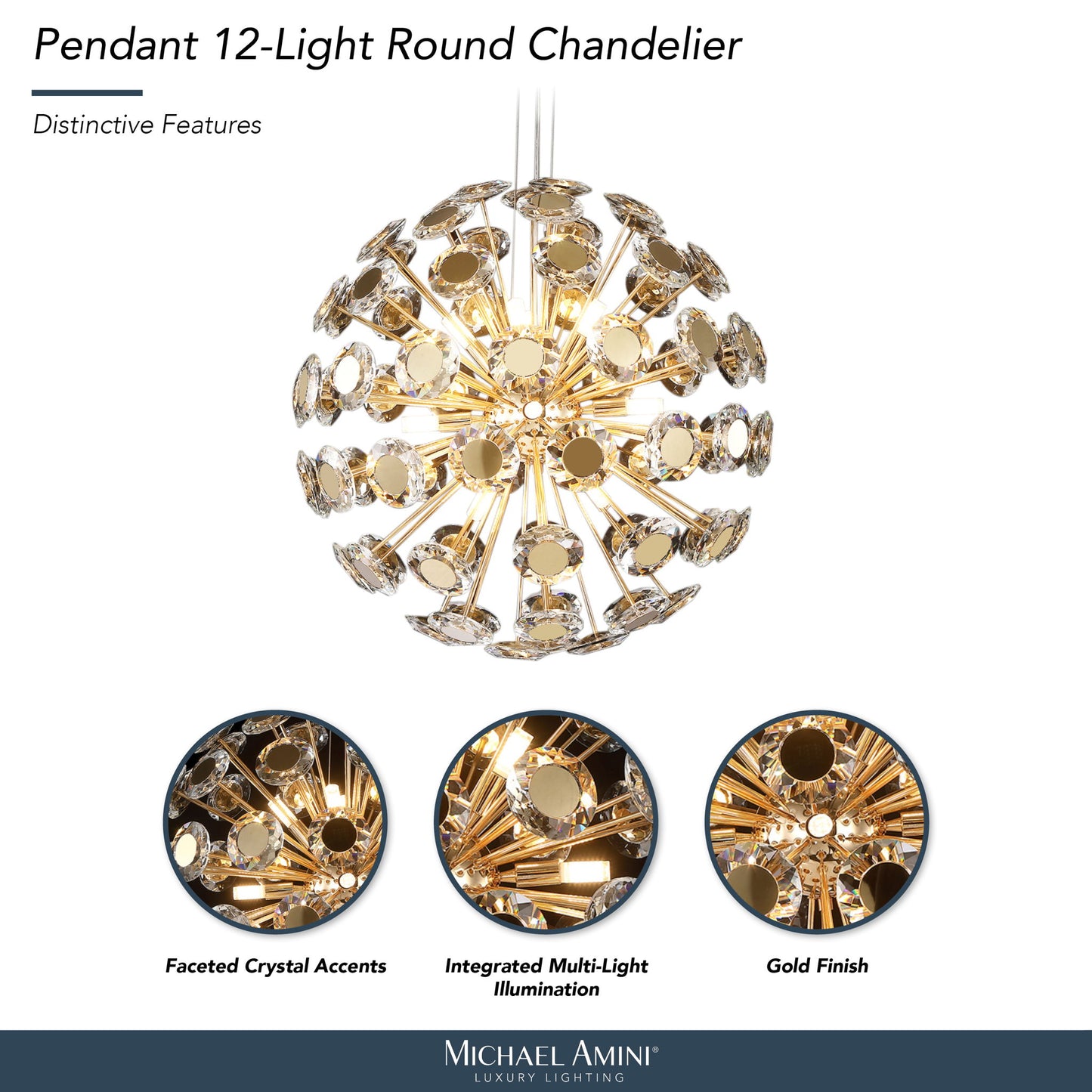 Michael Amini Lighting - Pendant 12-Light Round Crystal Chandelier - Gold