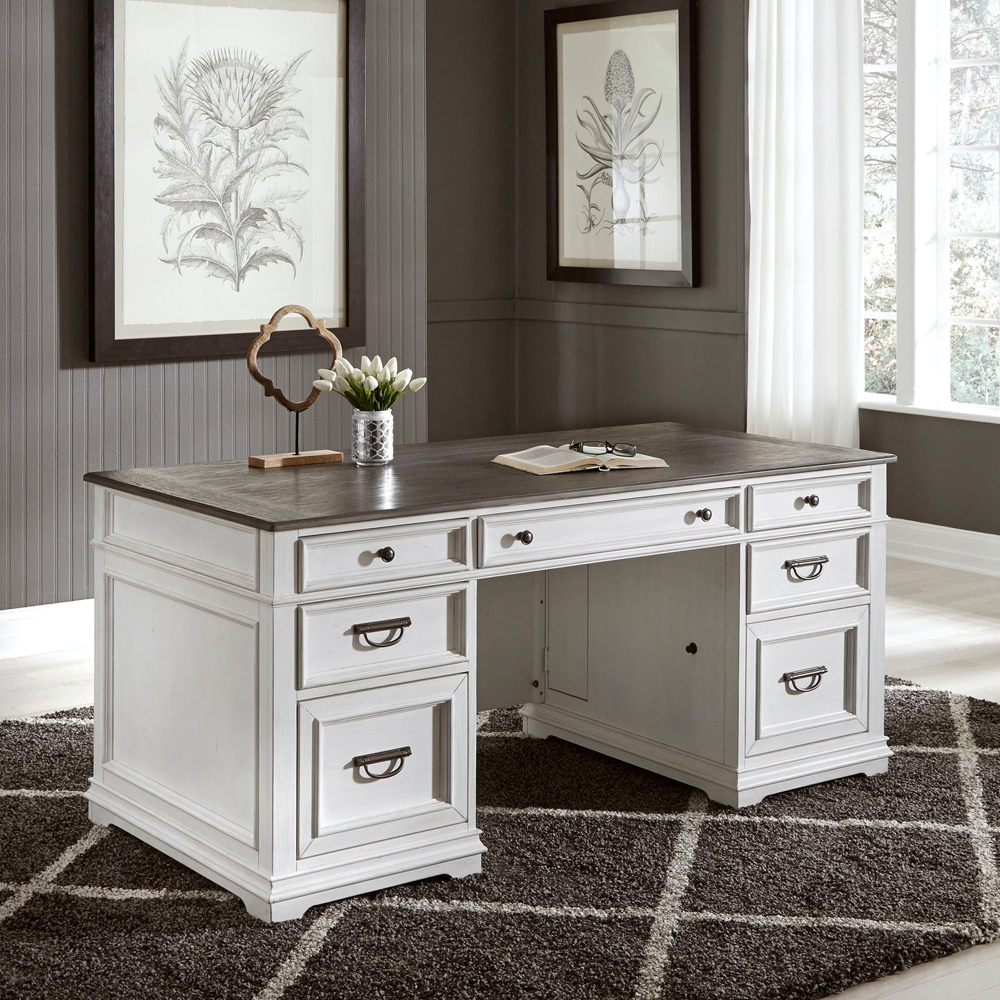 Allyson Park - Jr Executive Desk Top - Wirebrushed White / Charcoal