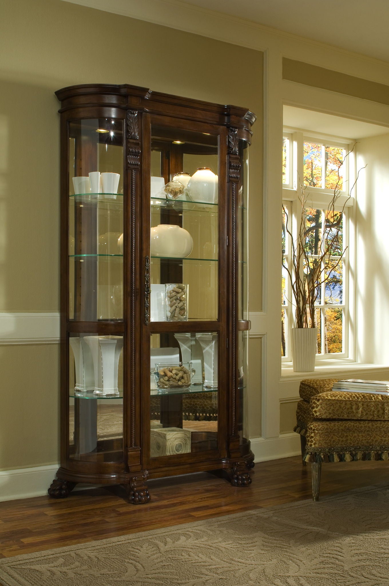 PFC Curios - Lighted Curved Front 4 Shelf Curio Cabinet - Maple Brown