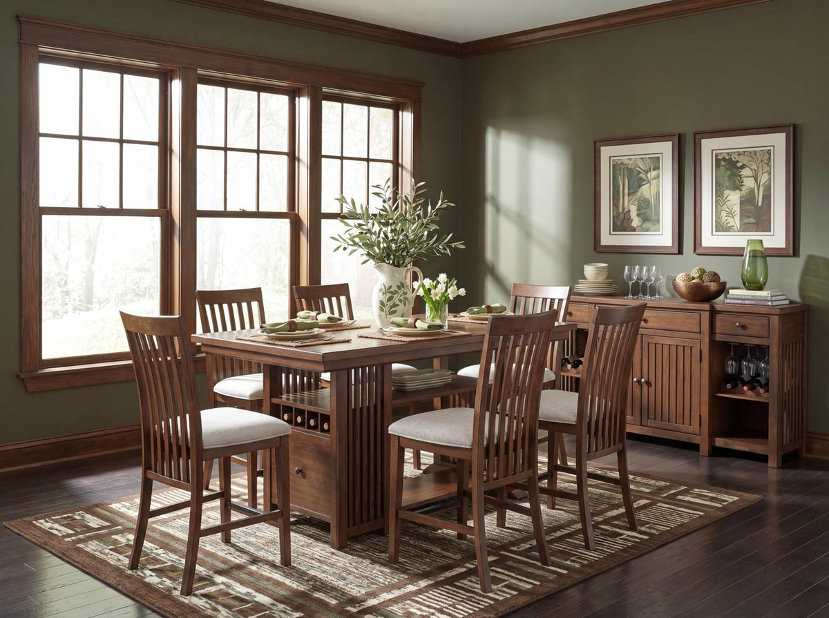 Langley - Complete Counter Height Table With Wine Storage - Fawn