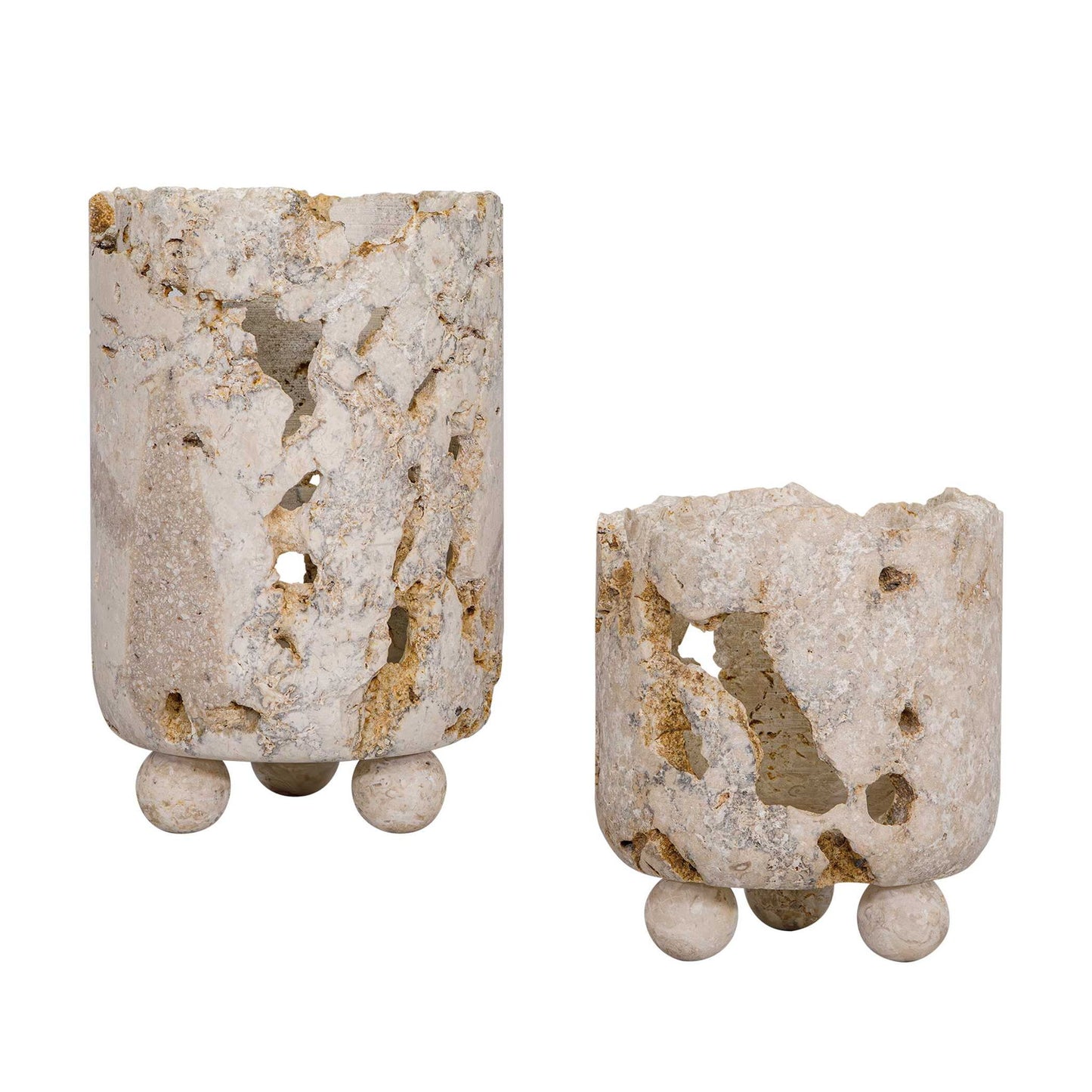 Quarried Stone - Indoor-Outdoor Candleholders (Set of 2) - Brown / White