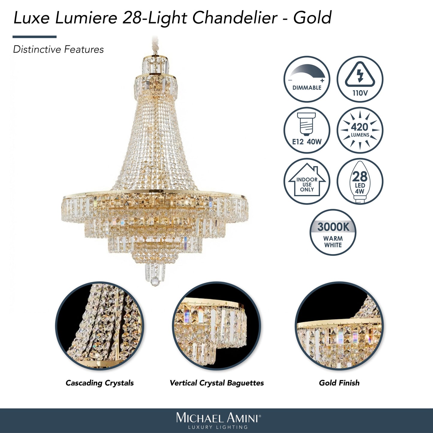 Michael Amini Lighting - Luxe Lumiere 28-Light Crystal Chandelier - Gold
