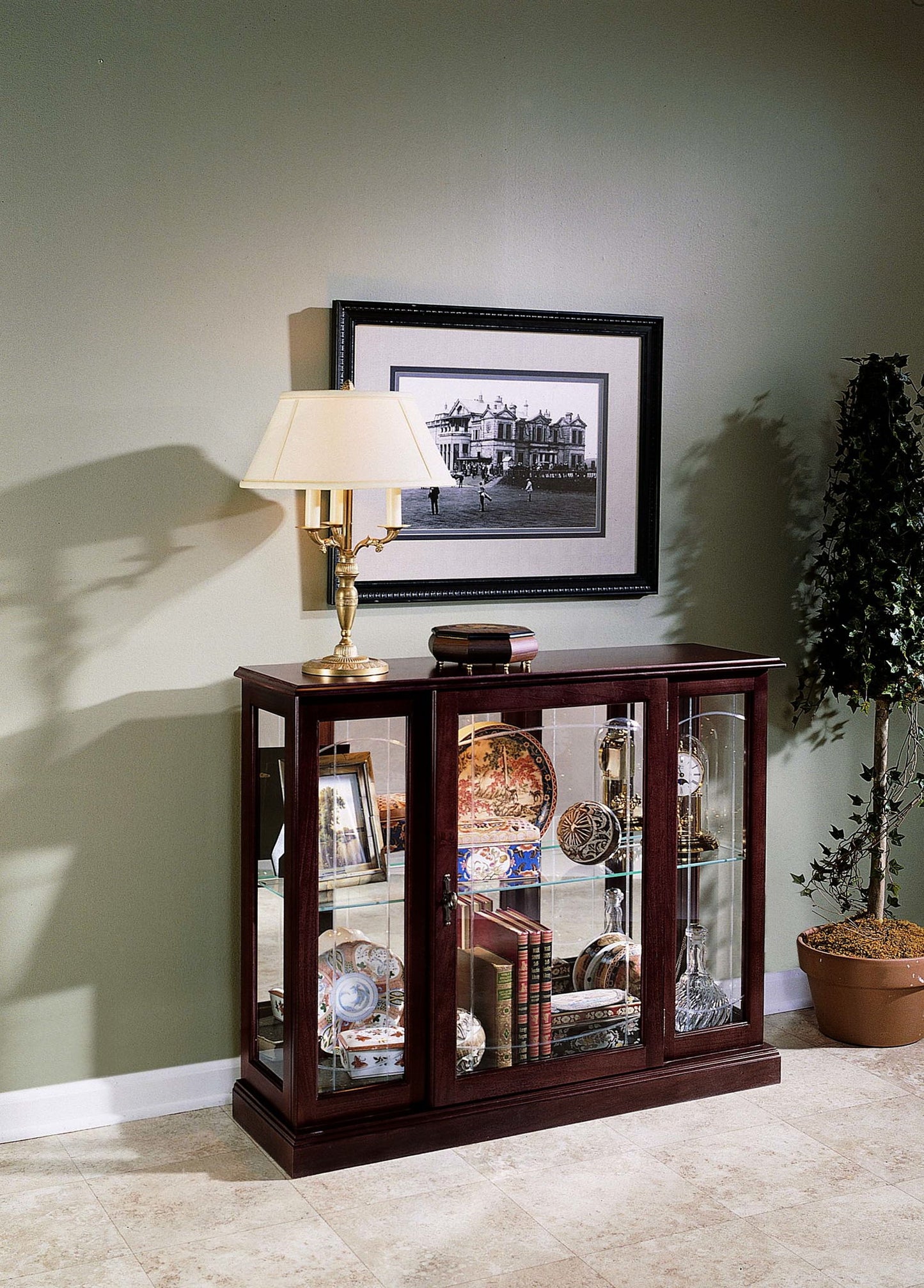 PFC Curios - Lighted 1 Shelf Console Display Cabinet - Cherry Brown