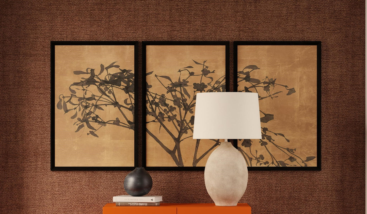 Tak Met Bloesem - Triptych Framed Print - Brown / Black
