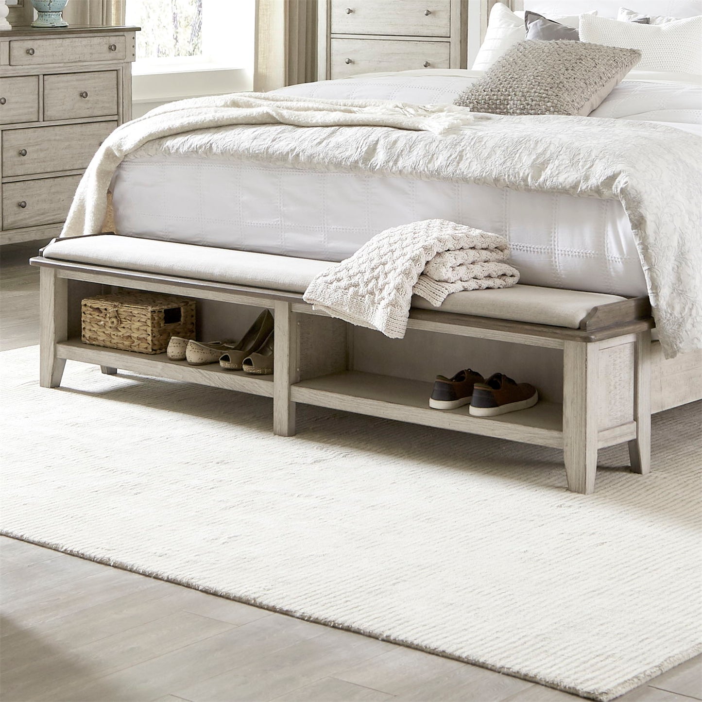 Ivy Hollow - King Upholstered Bench Footboard - Weathered Linen / Dusty Taupe
