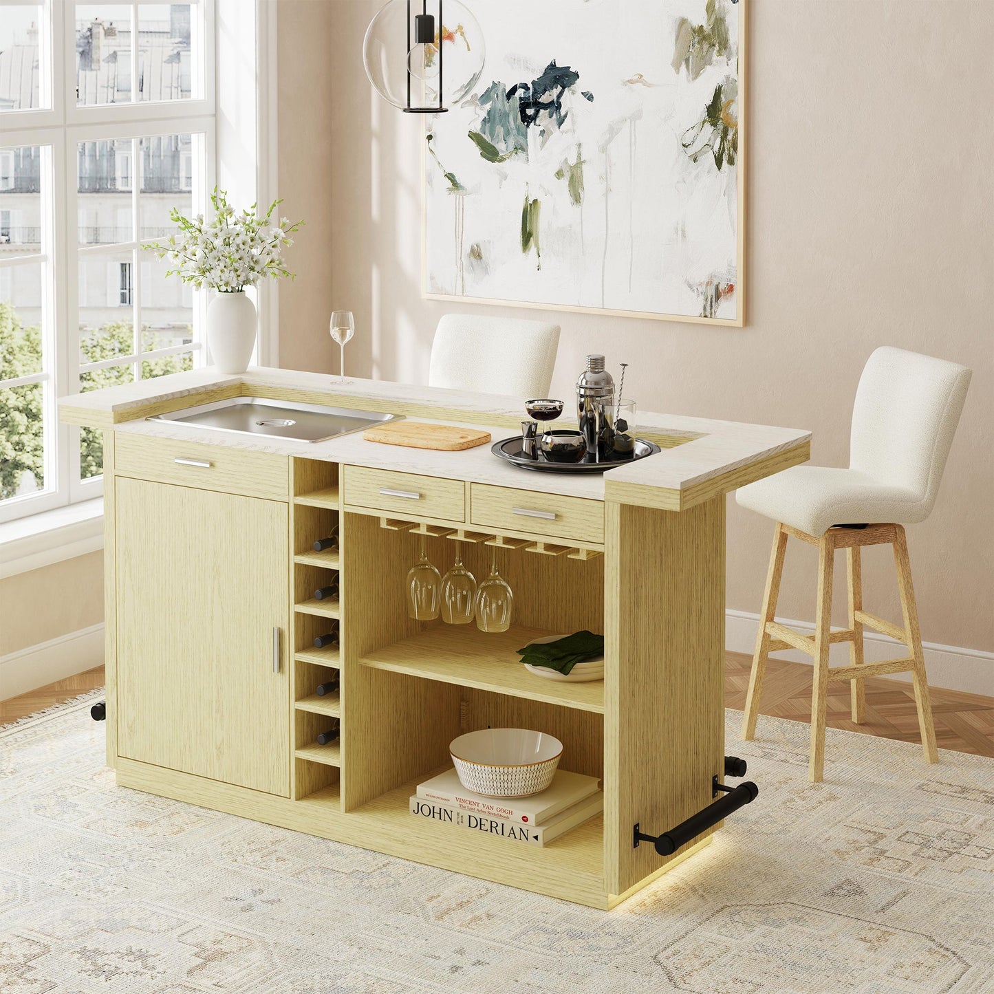 Cambrie - Bar Table With LED - Off-White And Natural