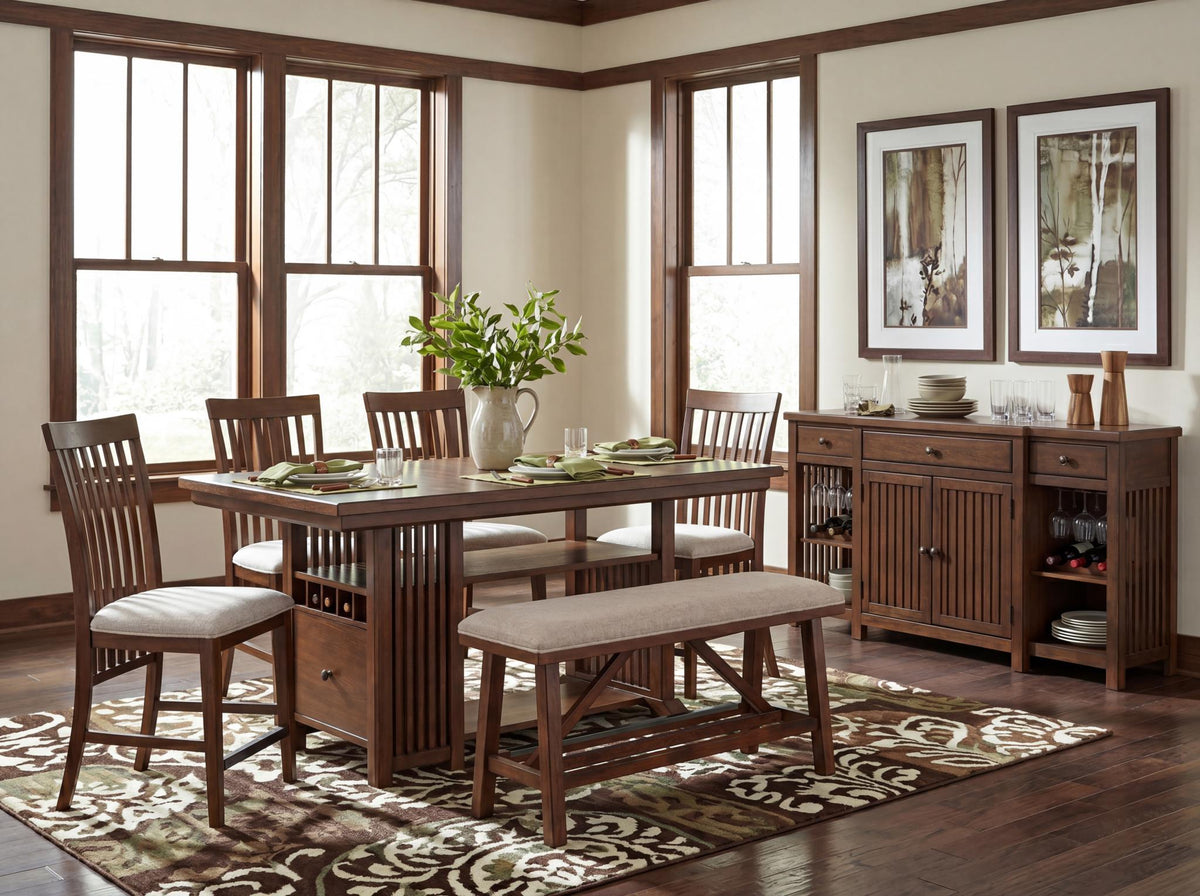 Langley - Complete Counter Height Table With Wine Storage - Fawn
